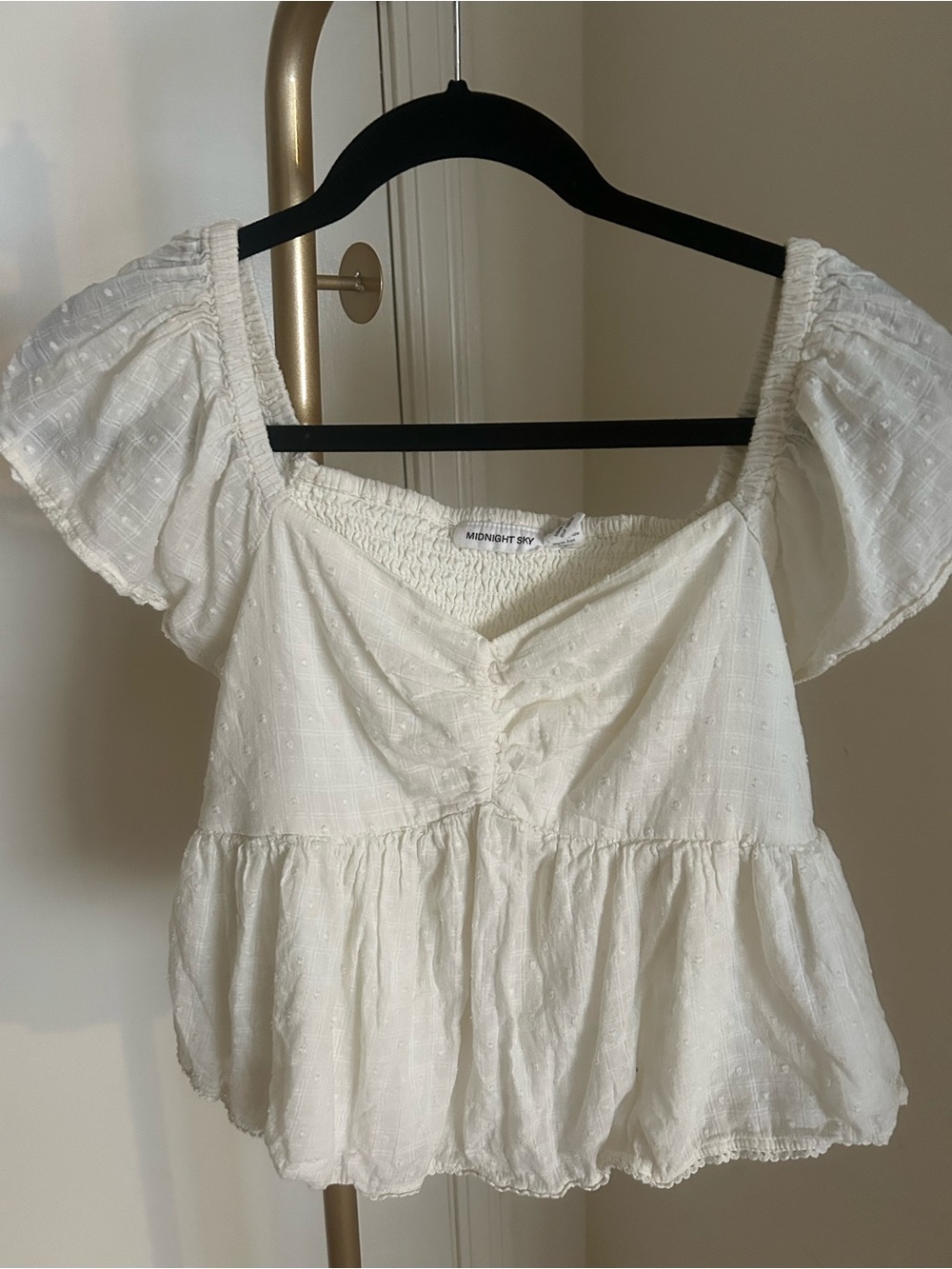 Midnight Sky White Cotton Swiss Dot Peplum Babydoll Top L